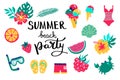 Summer beach party lettering. Set hand drawn icons, signs and banners. Bright summertime poster. Collection Summer hand