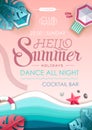 Summer beach party poster. Top view of tropic summer beach with ocean background. Paper cut out art design Royalty Free Stock Photo