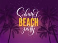 Summer beach party typography. Tropical poster with night sky and palm tree. Vector illustration for night club. Font Royalty Free Stock Photo