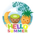 Summer beach party vector background with tropical funny cute smiling tropical fruits