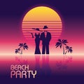 Summer beach party vector banner or flyer template. 80s retro neon glow style. Elegant, stylish man in suit, woman in