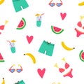 Summer beach pattern with swimsuits, watermelon pices, banana, coctail, hearts. Summer vibes texture. Modern bright