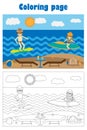 Summer beach with people in cartoon style, summer coloring page, education paper game for the development of children, kids