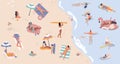 Summer beach with people. Men and women doing vacation activities, swimming lying and sitting cartoon characters. Vector