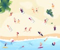 Summer beach people. Persons swim dive in sea relaxing sunbathing active family women men water games summer beach