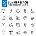 Summer beach pixel perfect line icons set