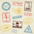 Summer beach post stamps. Hand drawn palm trees and beach elements in retro style. Summer grunge labels, badges and icons Royalty Free Stock Photo