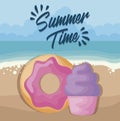summer beach poster with cupcake and donut