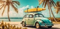 summer beach road tropical vintage trip retro car travel vacation. Generative AI.
