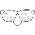 Summer island beach in sunglasses. Tropical vacations in the sea and sun. Vector black and white coloring page