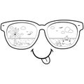 Summer island beach in sunglasses. Tropical vacations in the sea and sun. Vector black and white coloring page