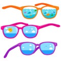 Summer beach reflected in colorful sunglasses. Vector illustration.