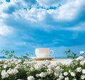 summer beach sea resort cup of coffee morning blue sky white clouds white roses plant flowers copy space Royalty Free Stock Photo