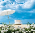 Summer beach sea   umbrella  resort cup of coffee morning blue sky white clouds white  roses   plant flowers copy space Royalty Free Stock Photo