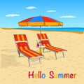 Summer beach. Sea view with umbrella and chaise longue. Summer vacation concept background. Vector illustration. Royalty Free Stock Photo