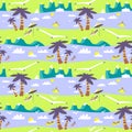 Summer beach seamless pattern. Idyllic sea landscape with mountains and palms Royalty Free Stock Photo