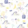 Summer beach seamless pattern with oceanic waves, palm trees, sun. Vector holiday texture