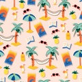 Summer beach seamless vector pattern. Cartoon style repeating background with palm trees, hammocks, sunglasses, cocktail Royalty Free Stock Photo