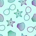 Summer beach seamless vector pattern with gradient seashells, sea stars and sunglasses on light blue background