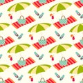 Summer beach seamless vector pattern with sun umbrella, towel and holiday icons