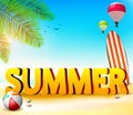 Summer Beach Seashore Background with Palm Tree and Beach Ball