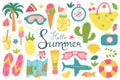 Summer beach set of elements with hand lettering on a white background. Recreation, tourism. Vector images in a flat Royalty Free Stock Photo