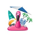 Summer beach set with flamingo swim ring beach ball surfboard flip flops sunglases parasol Royalty Free Stock Photo