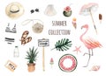 Summer beach set. Hat, sunglasses, ice cream, cocktail, flamingo, magazine, swimsuit, seashells, starfish Royalty Free Stock Photo