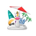 Summer beach set with unicorn swim ring beach ball surfboard flip flops sunglases parasol