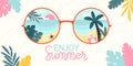 Summer beach sunglass, reflection beach vacation. Traveller cartoon poster with palm tree, ocean and sand. Racy vector