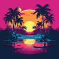 Summer Beach Sunset . Retro sunset illustration. Generative Ai Royalty Free Stock Photo