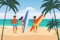 Summer beach surfers characters with surfboards and ball on sea ocean coast, palms sand surf. Beautiful tropical