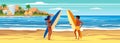 Summer beach surfers characters woman and man with surfboards on sea ocean coast, palms sand surf. Beautiful tropical