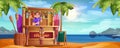 Summer beach with tiki bar and barman in cartoon style