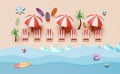 Summer beach top view with beach chair, ball, Inflatable flamingo, umbrella, coconut tree, surfboard, landscape seaside background Royalty Free Stock Photo