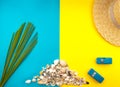 Summer Beach Travel concept. Palm Tree Leaf, straw hat, seashell, blue car on yellow background