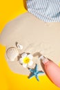 Summer beach, travel, holiday, vacation concept. Tube of sunscreen, starfish, plumeria frangipani and seashells on the