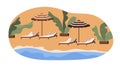 Summer beach with umbrellas and deck chairs on sand. Seaside resort, sea coast with chaise-longues. Private deckchairs
