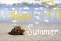 Summer beach vacation background with seashell, sand, sea, sunlight and lettering Hello Summer Royalty Free Stock Photo