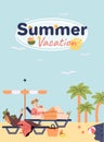 Summer beach vacation banner template with cartoon characters vector illustration. Royalty Free Stock Photo