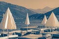 Summer beach vacation, Mediterranean landscape. Montenegro, Bay of Kotor. Toned image Royalty Free Stock Photo
