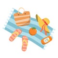 Summer beach vacation clipart with beach bag, hat, flip flops, sunscreen and orange. Vector cartoon illustration Royalty Free Stock Photo