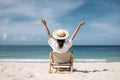 Summer beach vacation concept. Back view of woman in sun hat with rised hands on sunbed, neural network generated art Royalty Free Stock Photo
