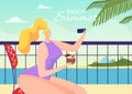 Summer beach vacation concept, vector illustration, flat woman character relax at sea, make selfie at outdoor terrace Royalty Free Stock Photo