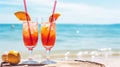 Summer beach vacation illustration with two glasses of tropical cocktails Royalty Free Stock Photo