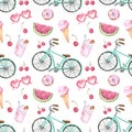Summer beach vacation seamless pattern, watercolor watermelon slice, bike, sunglasses, ice cream, isolated. Tropical illustration Royalty Free Stock Photo