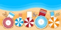 Summer Beach Vacation Sunbed With Umbrella Sand Tropical Banner Top Angle View