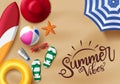 Summer beach vector banner design. Summer vibes text in beach sand background with realistic beach elements. Royalty Free Stock Photo