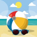 Summer Beach Vector Design in the Seashore with Beach Umbrella and Chair. Summer Background Vector Illustration for Royalty Free Stock Photo