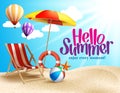 Summer Beach Vector Design in the Seashore with Beach Umbrella and Chair Royalty Free Stock Photo